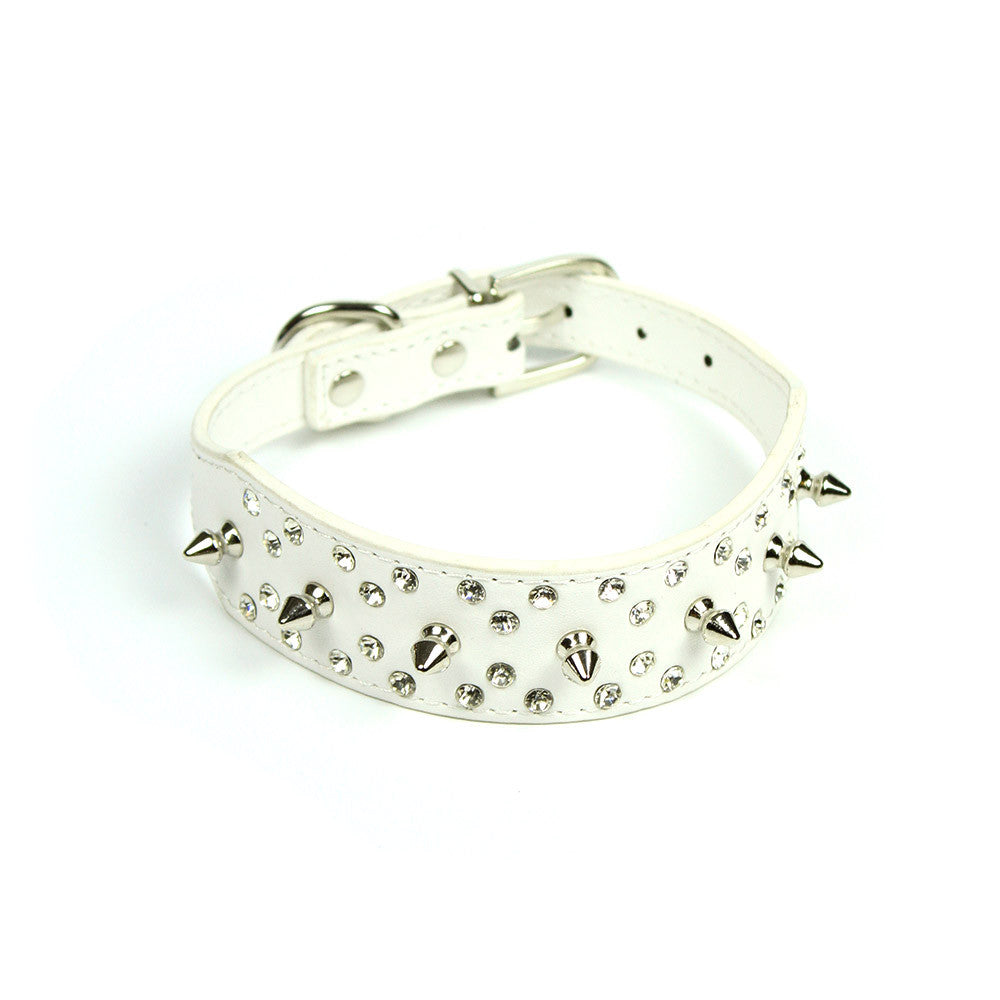 Rhinestones and Spikes Collar in White by The Paw Wag Company